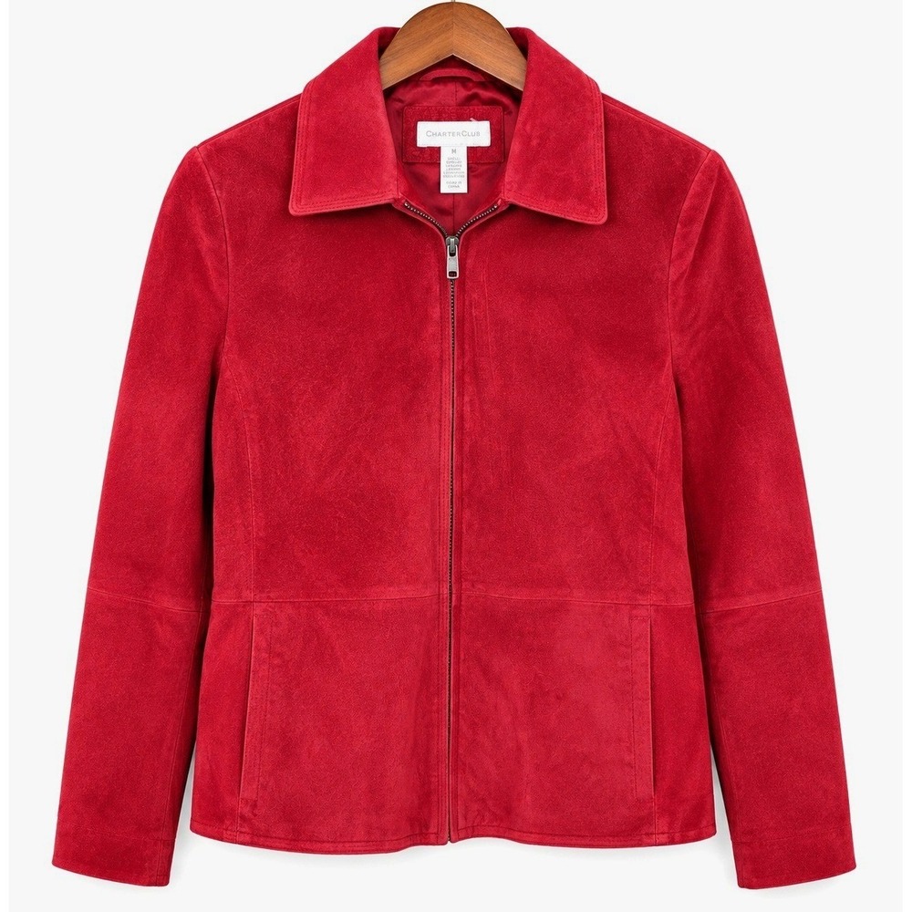 Charter Club Womens M Red Genuine Suede Leather Full Zip Jacket Lined Pockets